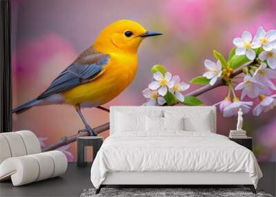 A Beautiful Yellow Bird Sits On A Branch Of A Blossoming Tree With White And Pink Flowers. Wall mural