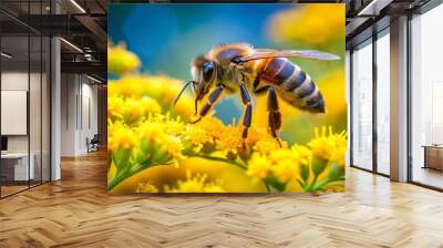 A busy honey bee collects nectar from a vibrant yellow flower, its fuzzy body and delicate wings a blur as it flits from bloom to bloom. Wall mural