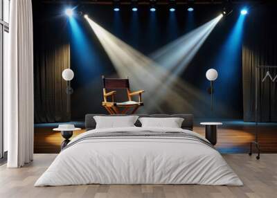 A empty theater stage with spotlight shining down, script and chair in the foreground, captures the essence of performance, creativity, and passion for the arts. Wall mural