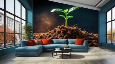 A lone plant thrusts forth from isolated soil, contrasting vibrant life against dark surroundings, its delicate roots and subtle leaf veins a testament to resilience. Wall mural