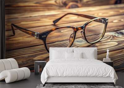 A neatly arranged still life composition featuring a pair of stylish spectacles resting on a sleek, wooden tabletop surface. Wall mural