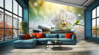 A pristine white orchid, enhanced by shimmering water droplets on textured stone, captures the essence of nature's elegance and nurtures a sense of holistic wellness. Wall mural