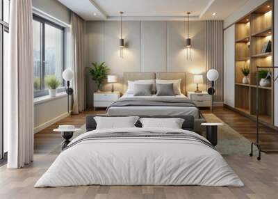 A serene modern bedroom sanctuary features a plush white bed and matching nightstand amidst a sea of soft, Wall mural