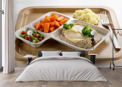 A sterile white hospital tray holds a bland meal of mashed potatoes, overcooked vegetables, and a slice of dry looking meat on a beige plate. Wall mural