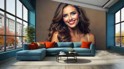 A stunning, healthy-looking woman with a beautiful smile confidently showcases her curvaceous figure, highlighting her full, toned, and naturally enhanced feminine beauty. Wall mural