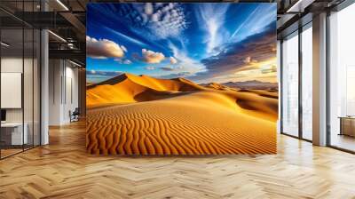 A tranquil desert landscape unfolds, revealing endless golden sand dunes beneath a bright blue sky, evoking a sense Wall mural