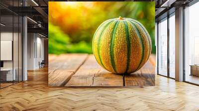 A vibrant crown melon rests on a rustic wooden table, its juicy texture highlighted against a beautifully blurred, Wall mural