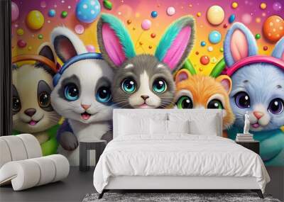 Adorable cartoon animals, featuring fluffy rabbits, cute kittens, and adorable pandas, come to life with colorful Wall mural