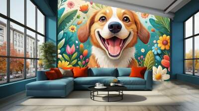 Adorable whimsical illustration of a happy dog with a big smile, floppy ears, and a wagging tail, surrounded by colorful flowers and leaves. Wall mural