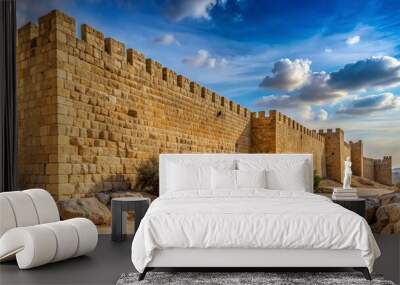 Ancient stone city walls stretch across the desert landscape, worn by time, yet still exuding strength and resilience, a testament to Israel's rich historical heritage. Wall mural