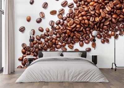 Beautiful brown coffee beans cascading down in slow motion, isolated on a pure white background, forming a whimsical scattered pattern with gentle shadows. Wall mural