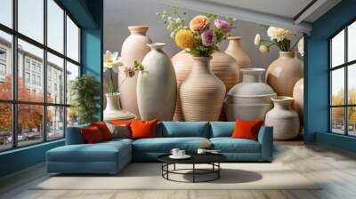 Ceramic vases in calming neutral shades stand out against a steady background, prepared to welcome bursts of color Wall mural