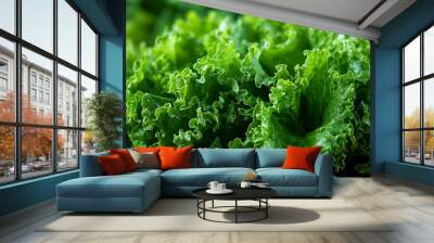 Close-Up of Fresh Green Lettuce Leaves Showcasing Crisp Texture and Vibrant Color for Healthy Eating and Cooking Inspiration in Culinary Stock Photography Wall mural