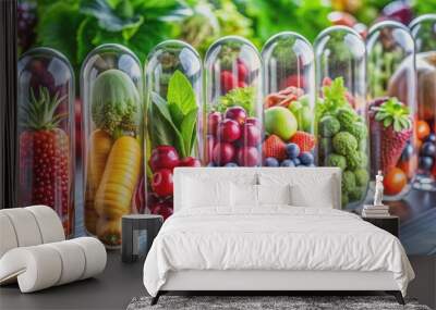 Colorful array of fruits and vegetables encapsulated in transparent capsules, symbolizing natural nutrition and holistic wellness solutions. Wall mural