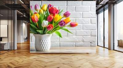 Colorful spring tulips arranged elegantly in a chic vase, placed on a table against a fresh white brick Wall mural