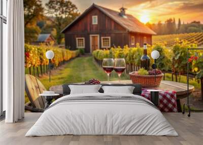 Cozy countryside vineyard scene featuring a rustic farmhouse with a charming winery bar and beautifully set table with red wine glasses awaiting celebration. Wall mural