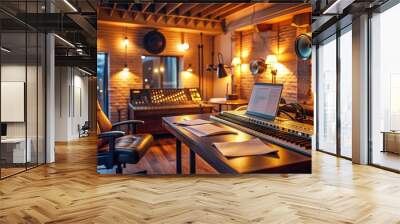 Cozy recording studio with mixing console, headphones, and scattered music sheets surrounded by warm ambient lights, exuding a relaxing creative atmosphere. Wall mural