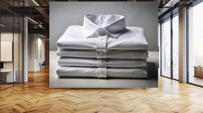 Crisp, freshly laundered white dress shirt, perfectly folded and stacked on a clean, minimalist, light-gray background, casting subtle shadows. Wall mural