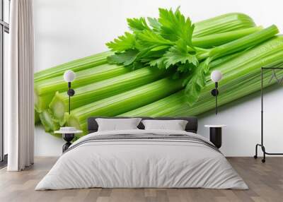 Crisp celery rib displayed on a white background, showcasing a healthy, organic snack. This nutrient-dense green Wall mural