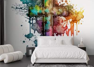 cross With Colorful flower Watercolor abstract watercolor background Wall mural