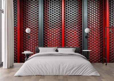 Dark toned industrial background featuring metallic grilles with bold red and black framework, exuding modernity and urban sophistication. Wall mural