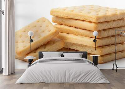 Delicious stack of square shortbread cookies isolated on a clean white background, perfect for pairing with a warm cup of coffee or tea. Wall mural