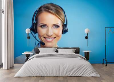 Friendly customer support service concept featuring a empty space with a headset on a blue background, conveying helpfulness and assistance. Wall mural