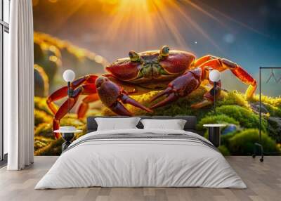 Gentle golden light falls on the rust-red velvet crab's shell, delicate legs curled, vulnerable, cradled by mossy rock, seaweed swaying softly, inviting serene reflection. Wall mural