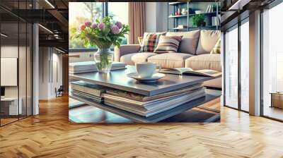 Glamorous magazines on a sleek coffee table in a contemporary home showcase the latest trends in interior design. Wall mural