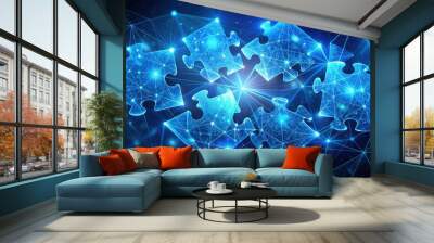 Glowing blue connected jigsaw puzzle pieces form a unified whole, surrounded by unconnected low-poly triangles Wall mural