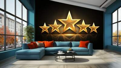 Golden five-star symbol shines brightly on a sleek black background, conveying exceptional quality and superior service, with ample negative space for customization. Wall mural