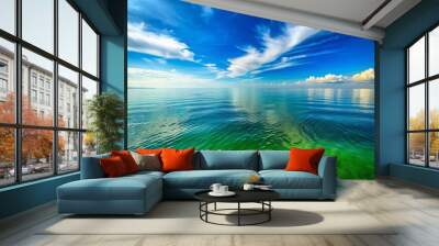 Green sea horizon calm waters serenity atmosphere peaceful morning gentle curves blue Wall mural