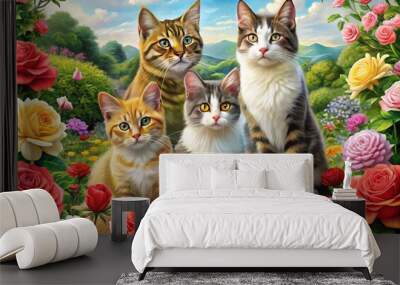 In a peaceful garden, graceful cats mingle with exquisite roses, inviting nature lovers and pet enthusiasts to enjoy Wall mural