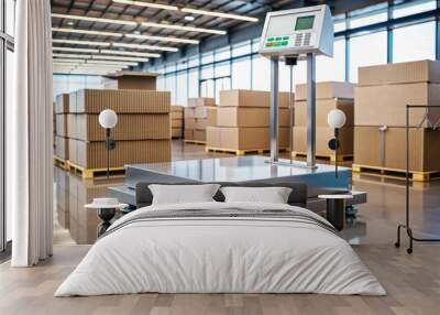 Industrial weighing scale with digital display sits atop a stainless steel counter in a warehouse, surrounded by cardboard boxes and crates, awaiting product measurement. Wall mural