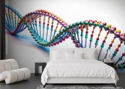 Intricate, futuristic, 3D rendered illustration of DNA double helix structure isolated on white background with vibrant colors and subtle shadows. Wall mural