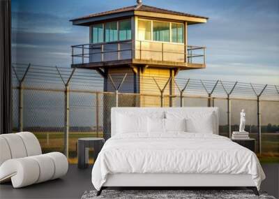 Isolated modern prison watchtower stands tall behind a high-security fence, surrounded by a vast empty landscape, conveying a sense of confinement and surveillance. Wall mural