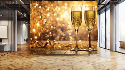 Luxurious golden background adorned with confetti, glitter, and bokeh lights surrounds two gleaming flute glasses filled with effervescent champagne bubbles. Wall mural