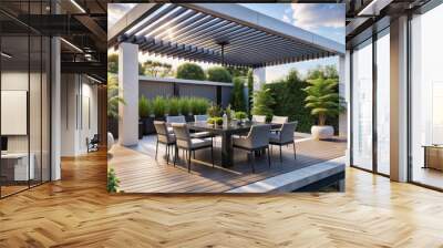 Luxurious modern patio boasting sleek white pergola, stylish black dining set, and lush potted plants in harmonious simplicity. Wall mural