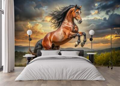 Majestic horse in powerful pose, reared up on hind legs, showcasing strength and elegance, with flowing mane and tail, set against a serene natural background. Wall mural