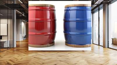 Mockup of two barrels in red and blue, isolated on white background, perfect for displaying product labels Wall mural