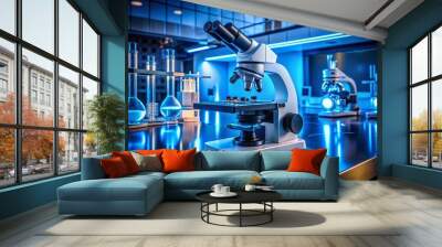 Modern digital microscope with sleek design occupies center stage in a dimly lit medical laboratory, surrounded by sleek instruments, amidst an eerie blue glow. Wall mural