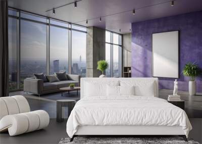 Modern penthouse interior featuring a vast concrete floor, large window, and lilac wall with a white poster, exuding sleek contemporary urban living elegance. Wall mural