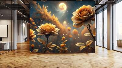 mysterious shadows whispering secrets fingers pinching delicate brown petals amidst moonlit garden romance soft focus warm golden tones haunting beauty Wall mural