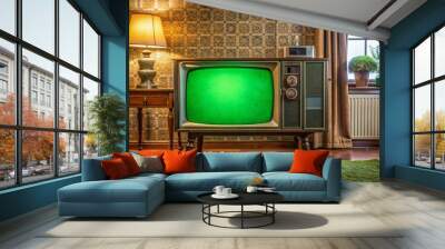 Old fashioned television set with green screen displaying static noise in a vintage living room with outdated furniture. Wall mural