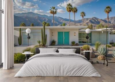 Retro MCM architecture of Palm Springs white house aqua blue front door midcentury modern summer desert real estate minimalist beach home iconic suburban landscape palm trees agave cactus sun garden Wall mural