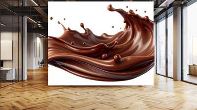 Rich, dark brown chocolate liquid swirls and splashes with tiny foundation bubbles, flowing in a wavy pattern, isolated on a clear transparent background with dynamic fluid motion. Wall mural