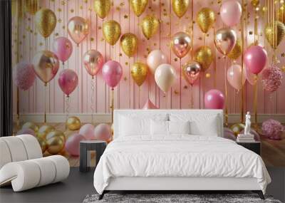 Rosy hues abound as pink and gold balloons and streamers swirl together, creating a lively and celebratory mood Wall mural