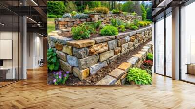 Rough stones carefully arranged to form a sturdy raised garden bed or retaining wall, constructed with skill and precision. Wall mural