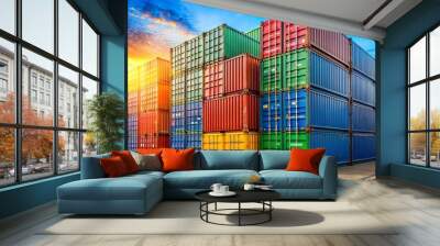 Row of colorful stacking containers at industrial freight import export distribution warehouse for shipping logistics transportationindustry. Wall mural