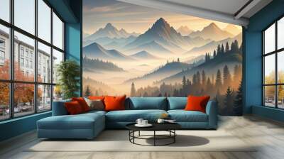 Serene neutral-toned mountain landscape with subtle mist, gentle slopes, and soft peaks, ideal for graphic design backgrounds. Wall mural